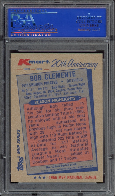 1982 K-Mart #10 Bob (Roberto) Clemente PSA GEM MINT 10