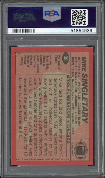 1983 Topps #38 Mike Singletary ROOKIE PSA MINT 9