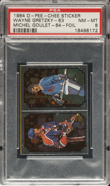 1984 O-Pee-Chee Sticker Wayne Gretzky - 63 Michael Goulet - 64 - Foil PSA NM-MT 8