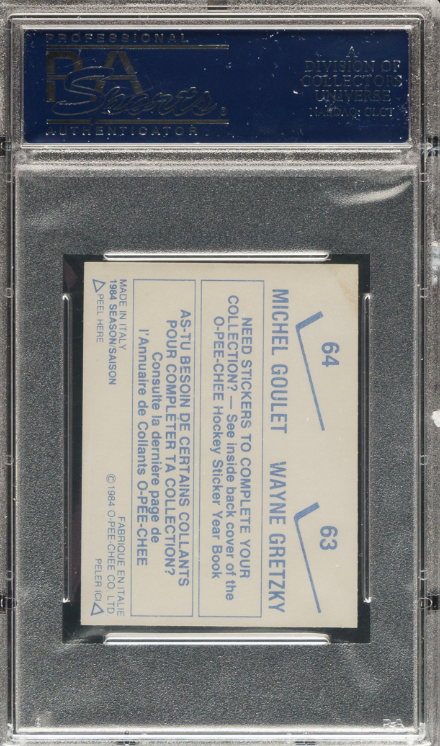 1984 O-Pee-Chee Sticker Wayne Gretzky - 63 Michael Goulet - 64 - Foil PSA NM-MT 8