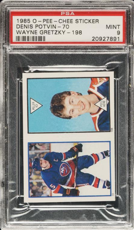 1985 O-Pee-Chee Sticker Dennis Potvin - 70 Wayne Gretzky - 198 PSA MINT 9