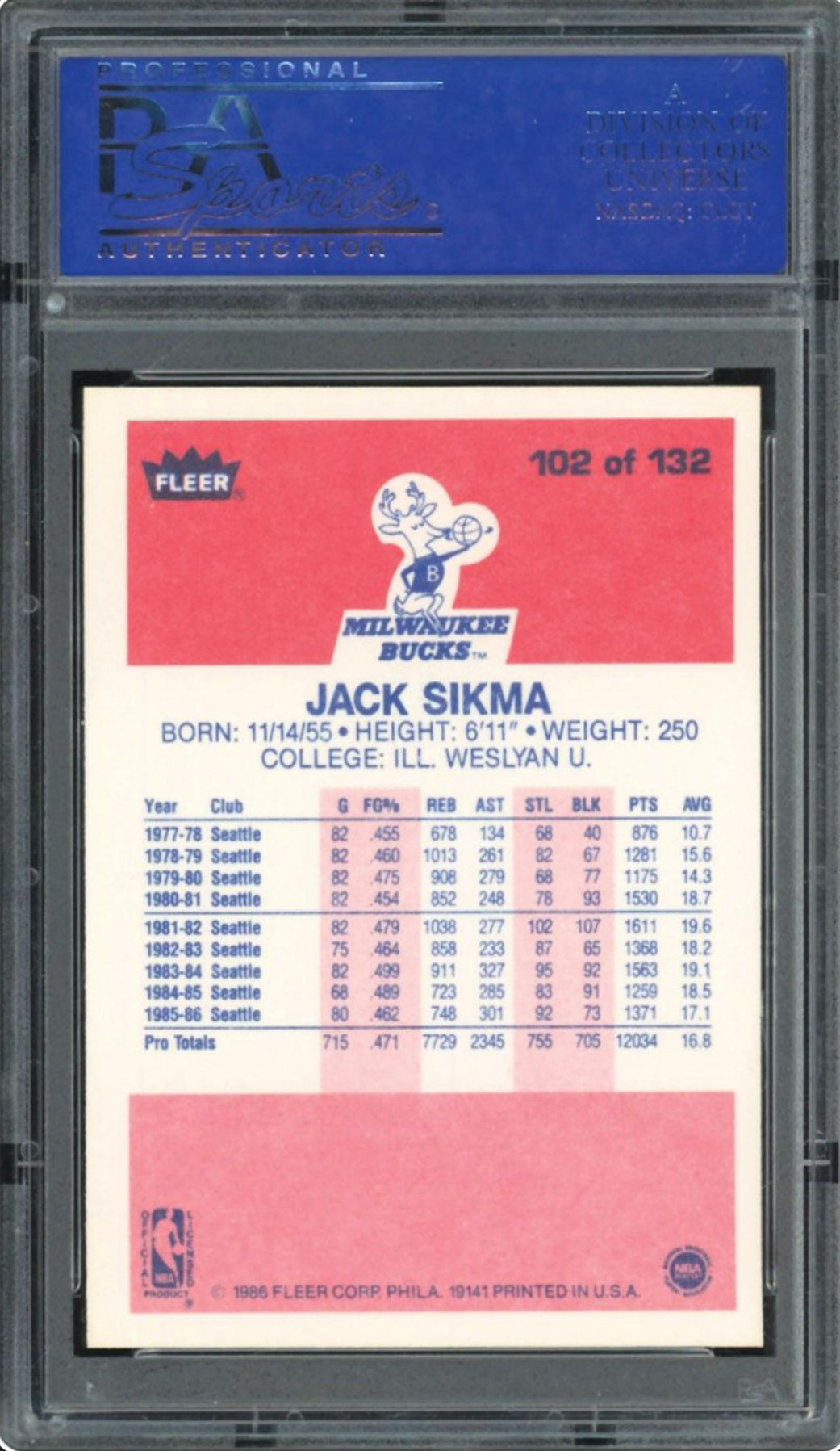 1986 Fleer #102 Jack Sikma PSA GEM MINT 10