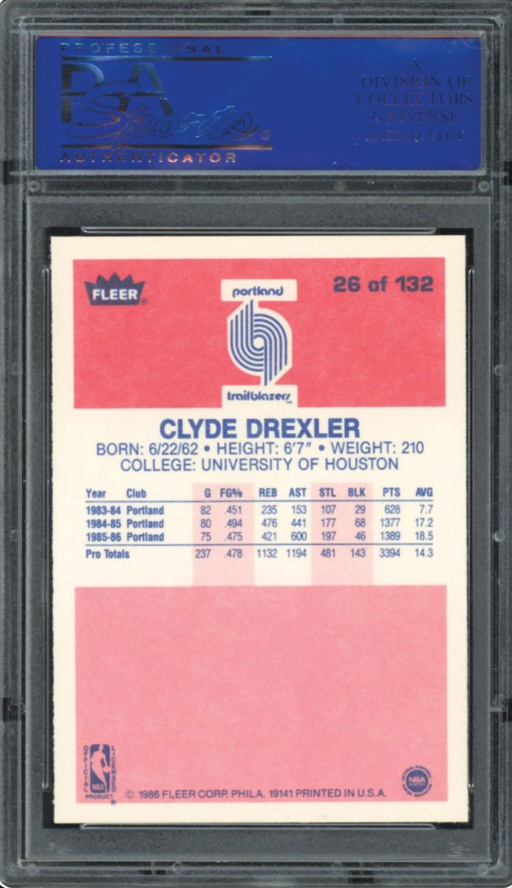 1986 Fleer #26 Clyde Drexler ROOKIE PSA GEM MINT 10