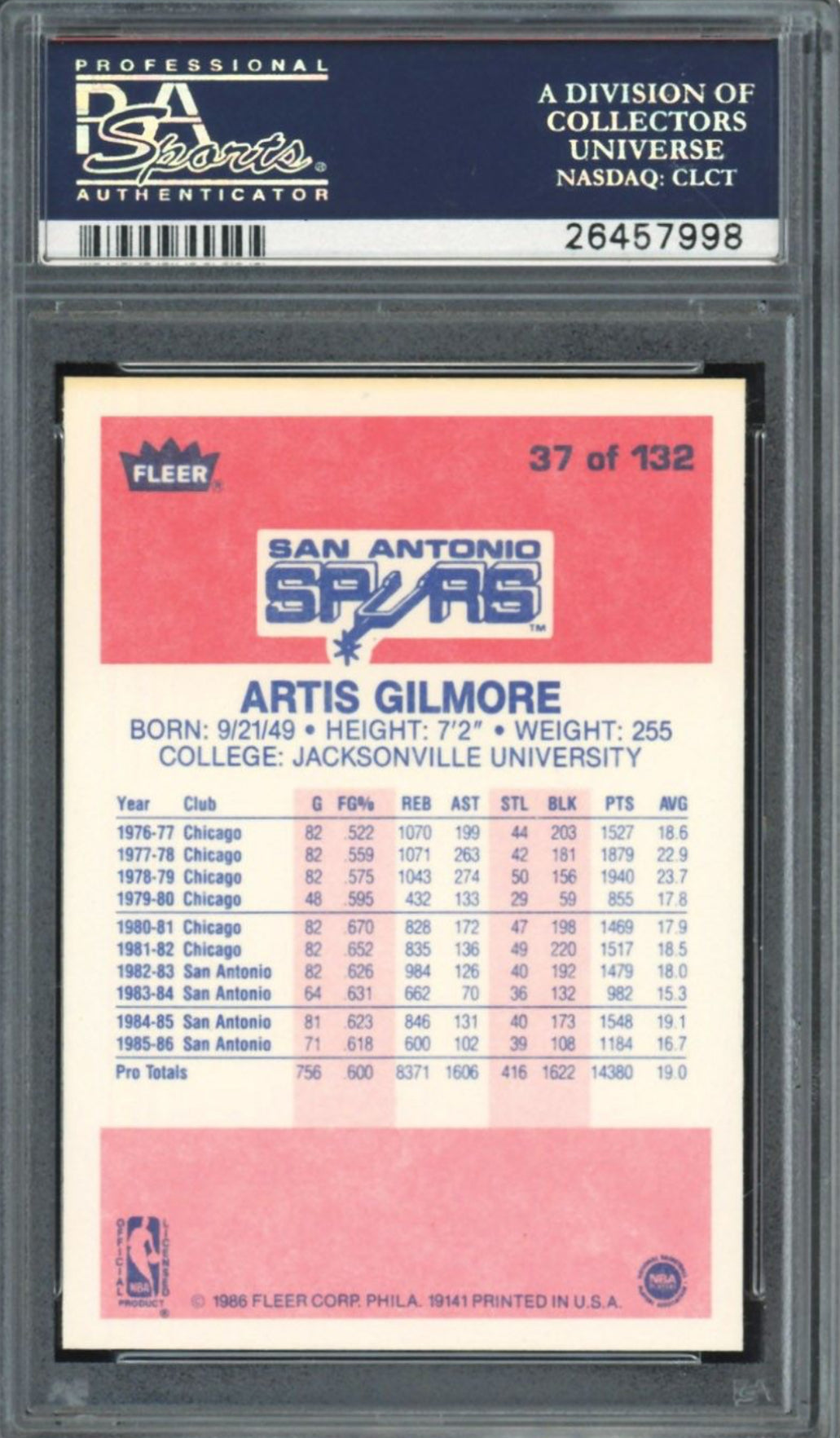 1986 Fleer #37 Artis Gilmore PSA GEM MINT 10