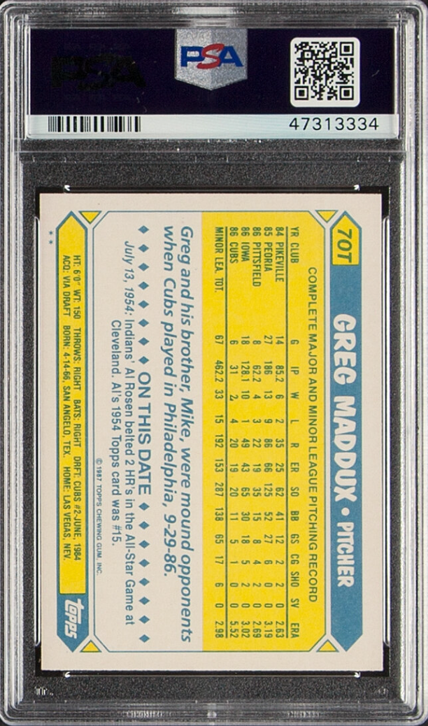 1987 Topps Traded #70T Greg Maddux ROOKIE PSA GEM MINT 10