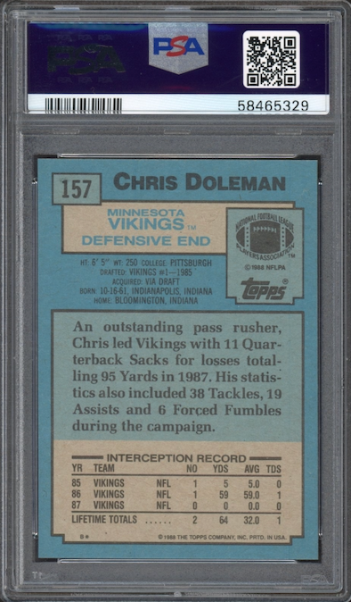 1988 Topps #157 Chris Doleman ROOKIE PSA MINT 9