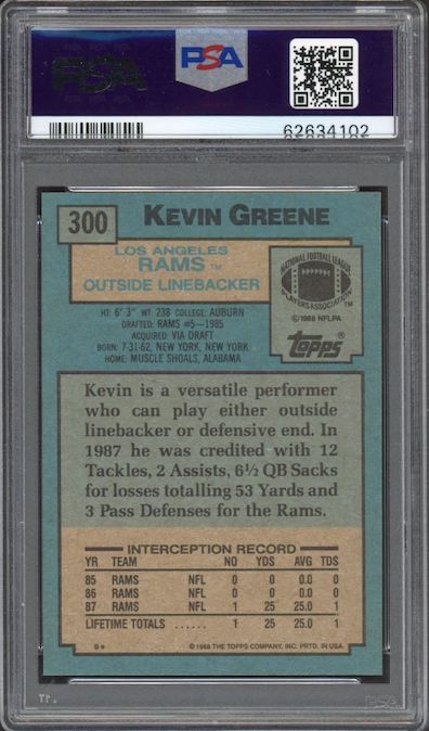 1988 Topps #300 Kevin Greene ROOKIE PSA GEM MINT 10