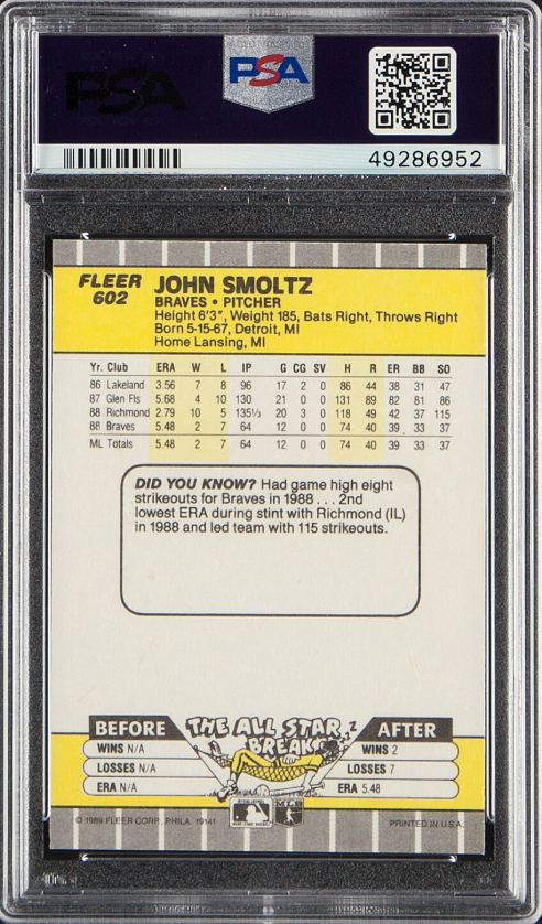 1989 Fleer #602 John Smoltz PSA 10