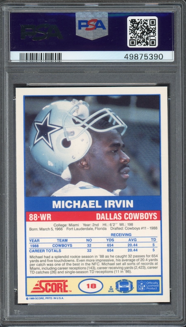 1989 Score #18 Michael Irvin ROOKIE PSA MINT 9