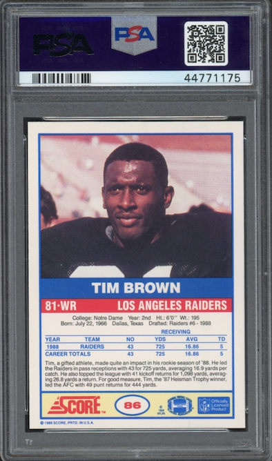 1989 Score #86 Tim Brown ROOKIE PSA MINT 9