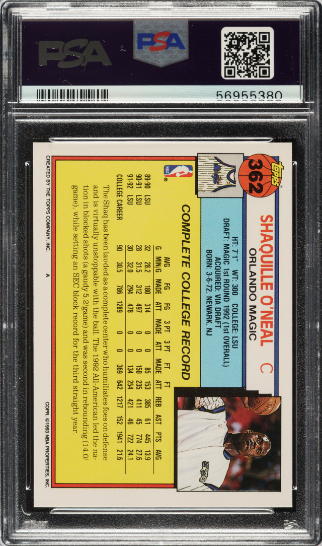 1992 Topps #362 Shaquille O’Neal ROOKIE PSA MINT 9