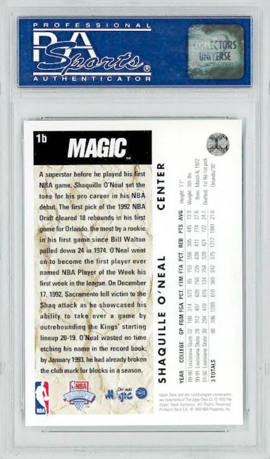 1992 Upper Deck Trade Card #1B Shaquille O’Neal ROOKIE PSA MINT 9