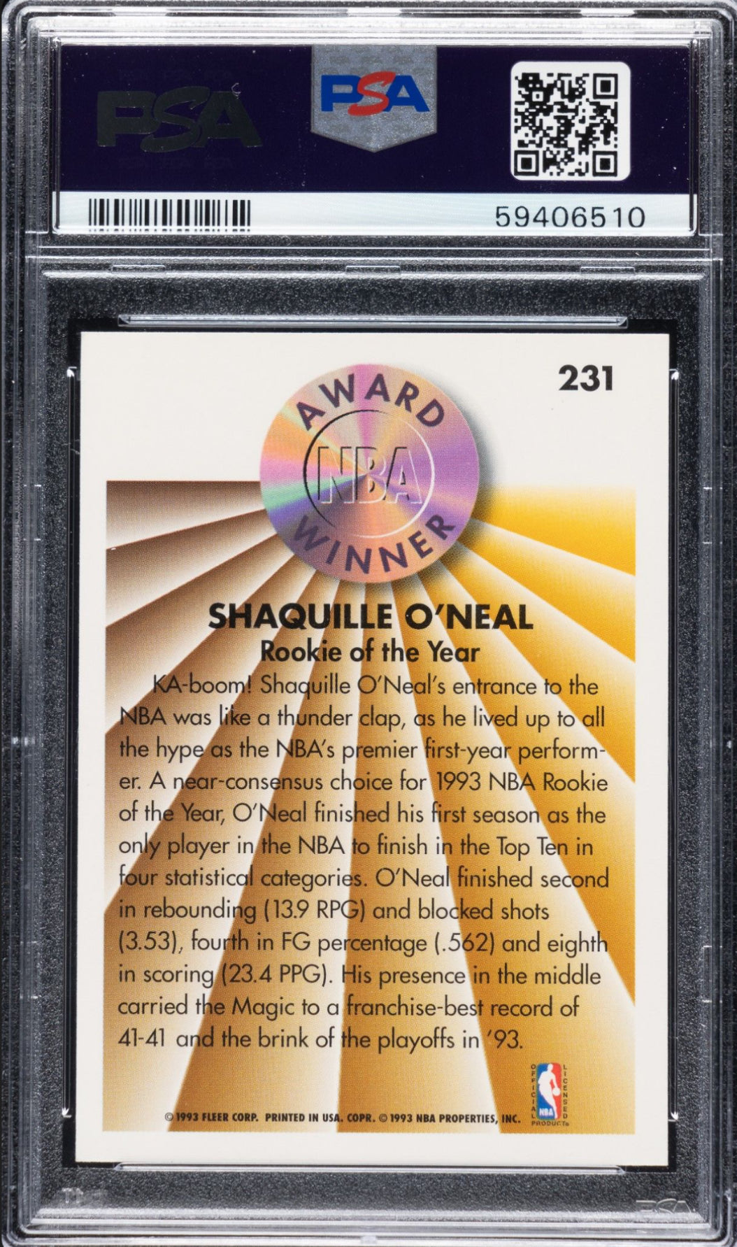 1993 Fleer #231 Shaquille O’Neal PSA GEM MINT 10