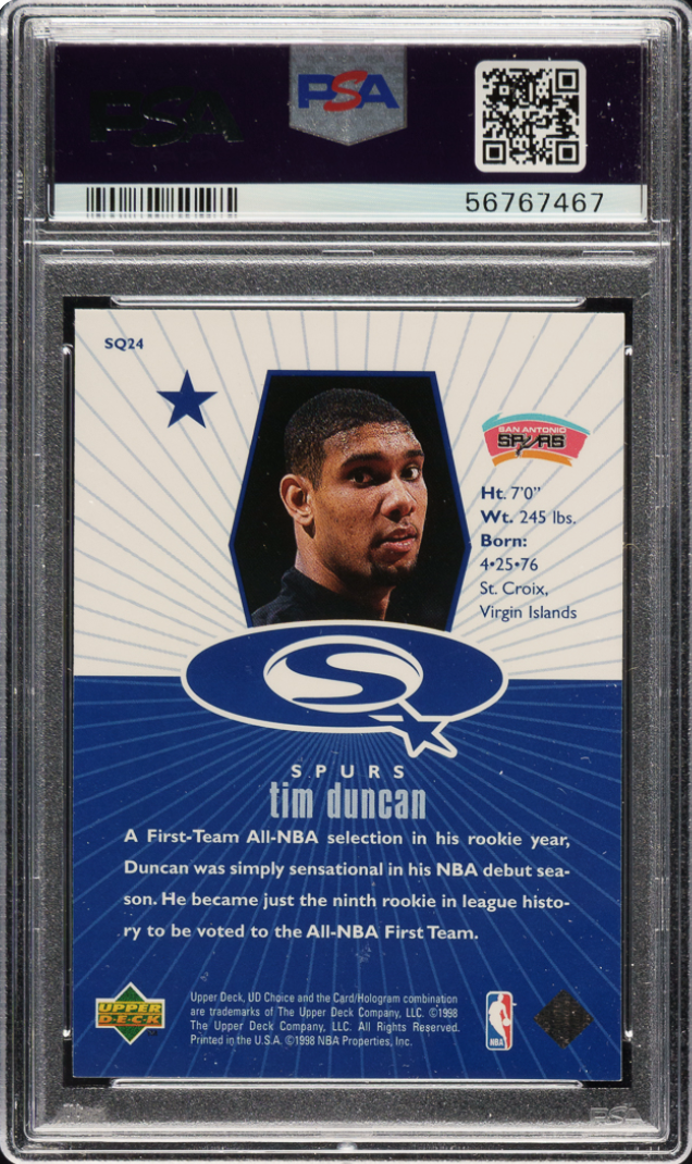 1998 UD Choice Starquest - Blue #SQ24 Tim Duncan PSA NM-MT 8