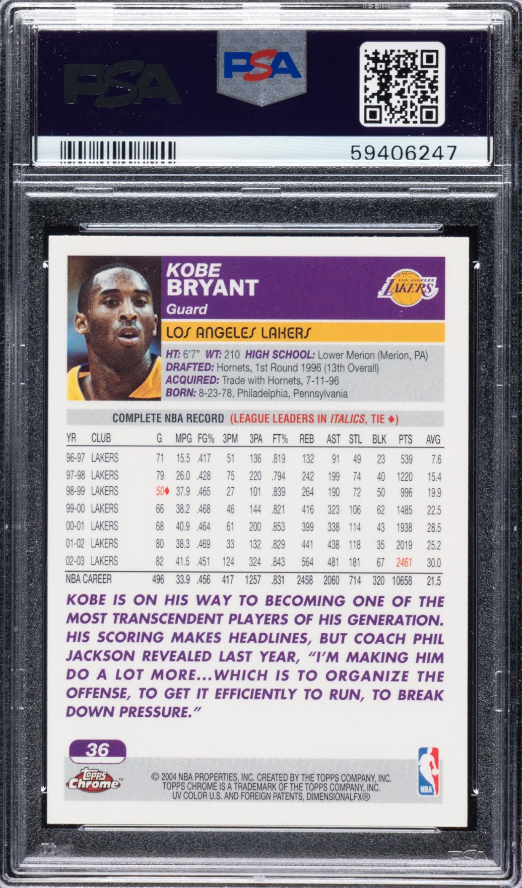 2003 Topps Chrome #36 Kobe Bryant PSA GEM MINT 10