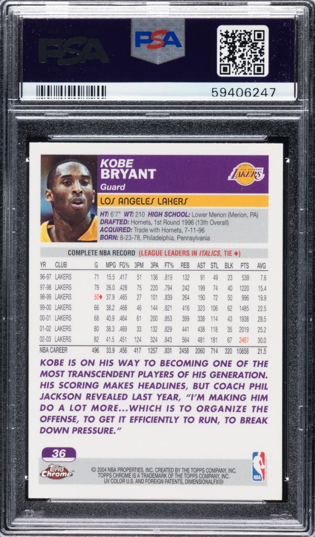 2003 Topps Chrome #36 Kobe Bryant PSA GEM MINT 10