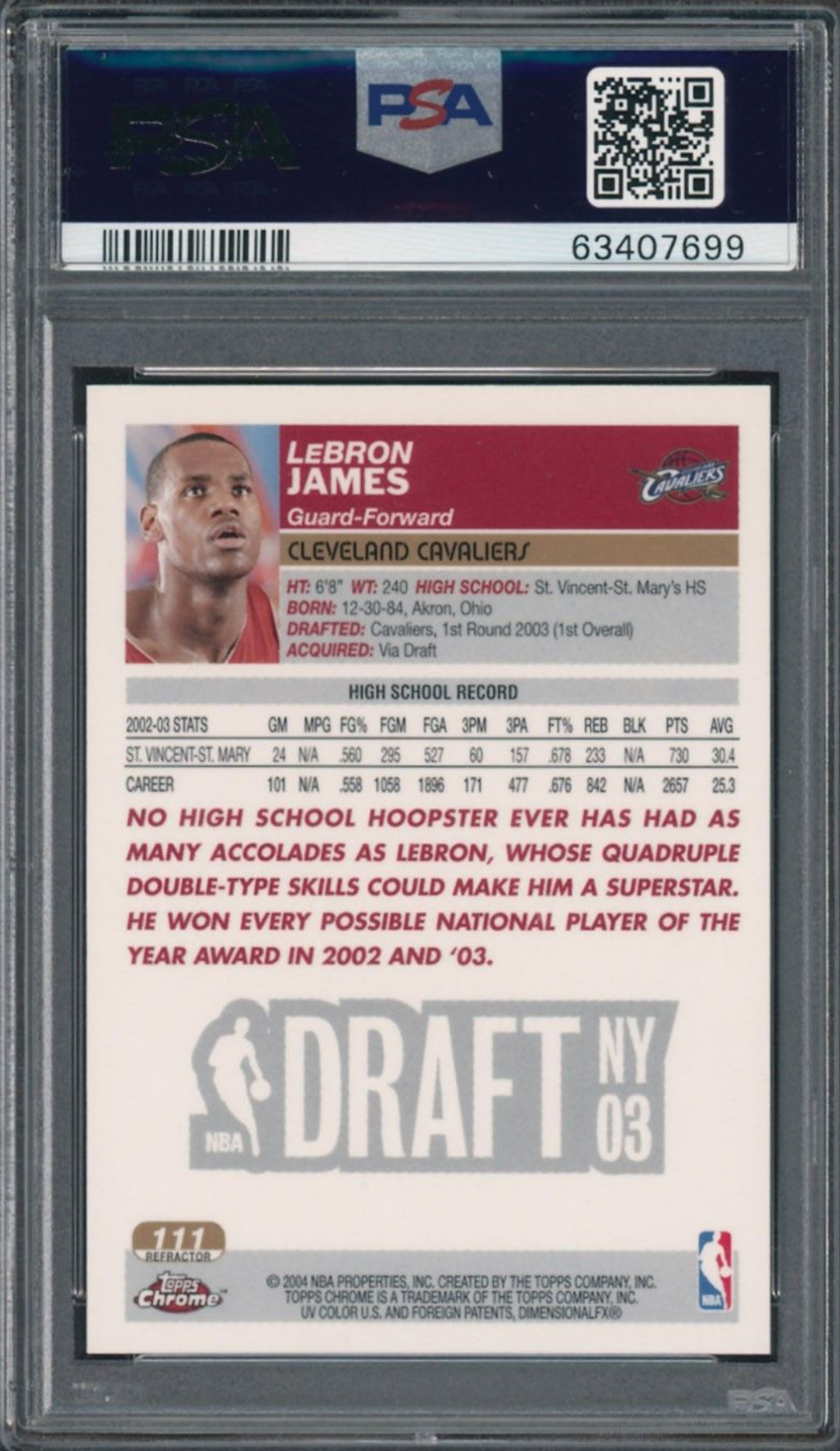 2003 Topps Chrome Refractor #111 Lebron James PSA 9