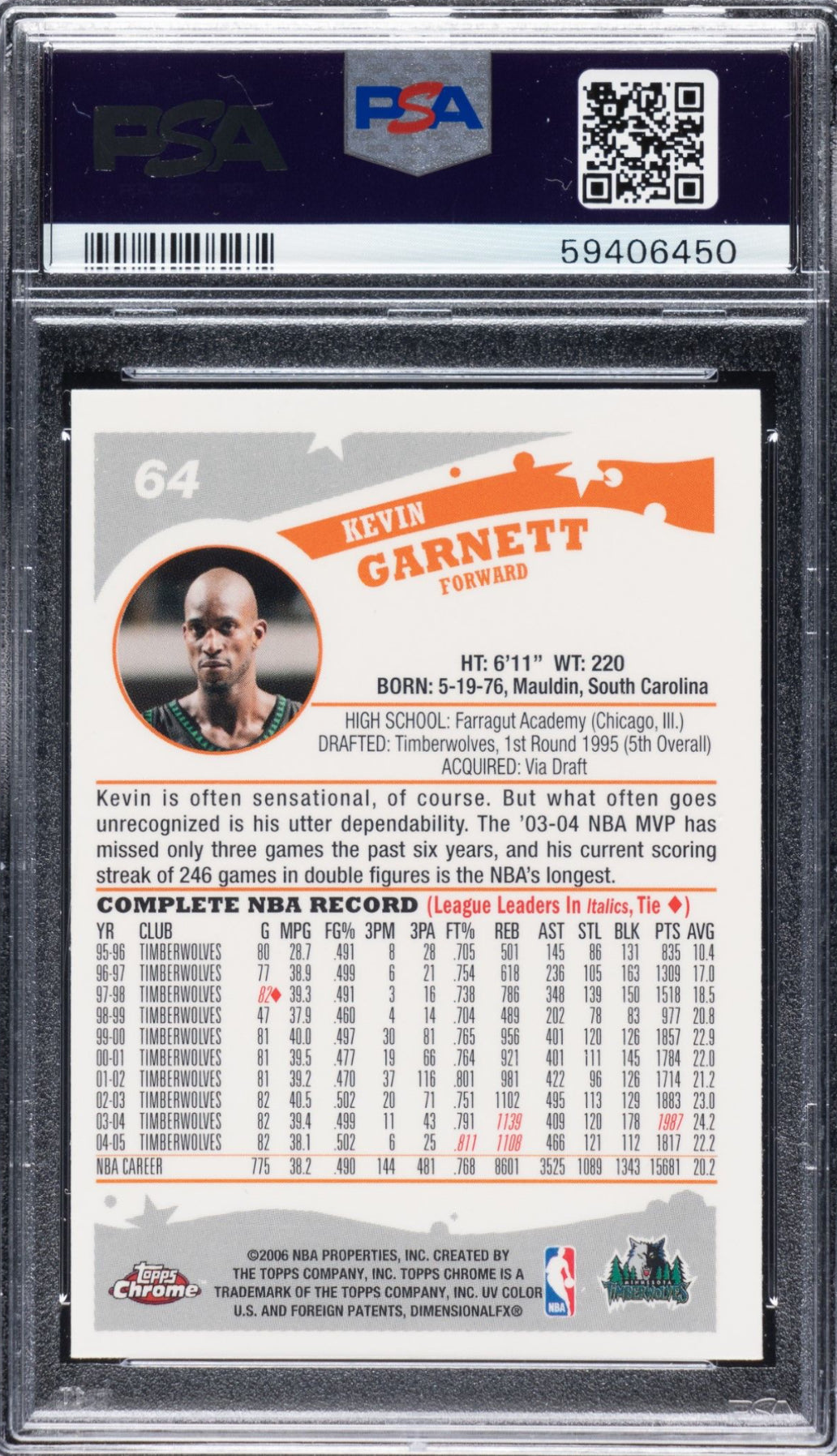 2005 Topps Chrome #64 Kevin Garnett PSA GEM MINT 10