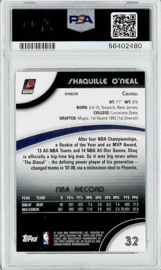 2007 Finest Refractor #32 Shaquille O’Neal PSA MINT 9