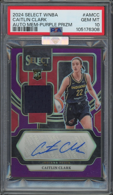 2024 Panini Select WMBA #AMCC Caitlin Clark ROOKIE Auto Mem-Purple 60/99 Prizm PSA GEM MINT 10