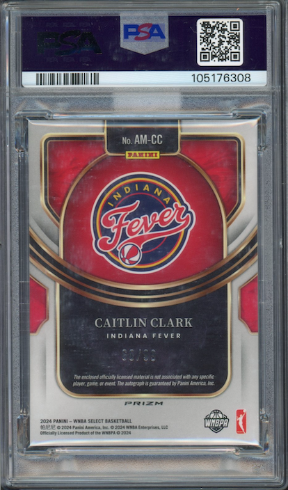 2024 Panini Select WMBA #AMCC Caitlin Clark ROOKIE Auto Mem-Purple 60/99 Prizm PSA GEM MINT 10