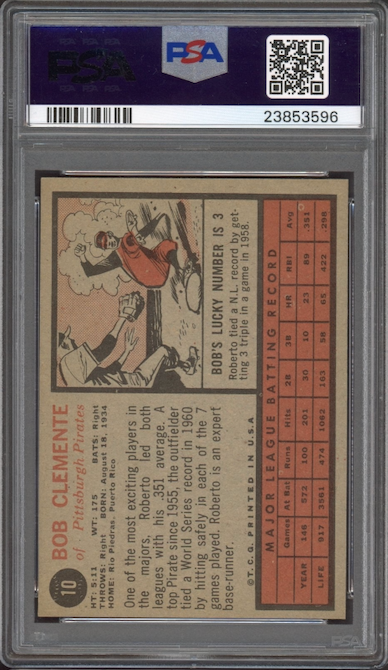 1962 Topps #10 Bob (Roberto) Clemente PSA NM-MT 8