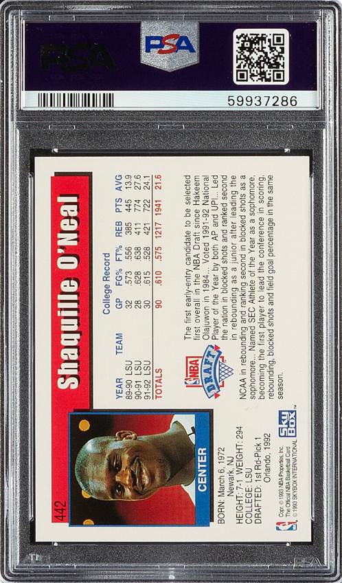 1992 Hoops #442 Shaquille O’Neal ROOKIE PSA GEM MINT 10