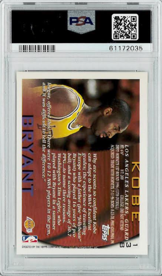 1996 Topps #138 Kobe Bryant ROOKIE PSA MINT 9