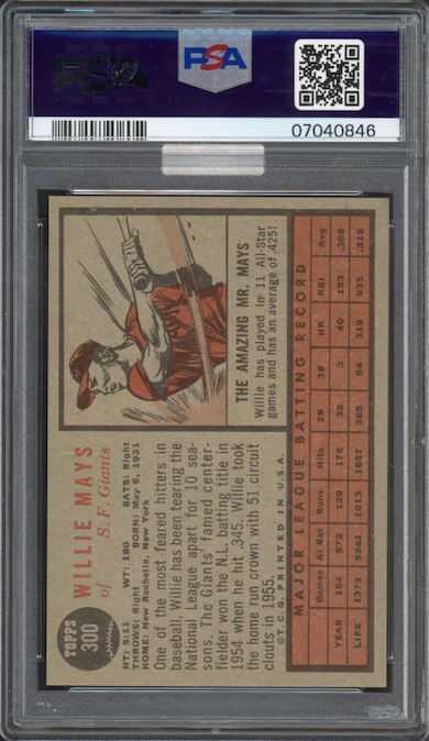 1962 Topps #300 Willie Mays PSA MINT 9