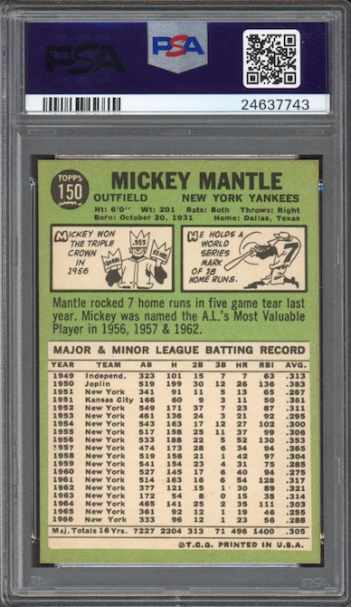 1967 Topps #150 Mickey Mantle PSA NM-MT 8