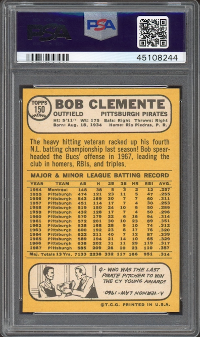 1968 Topps #150 Bob (Roberto) Clemente PSA MINT 9