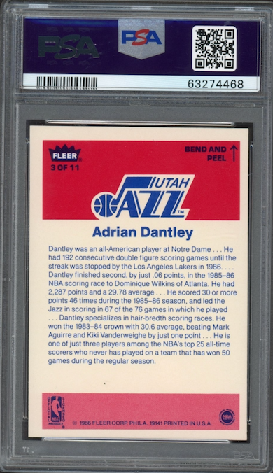 1986 Fleer Sticker #3 Adrian Dantley PSA 9