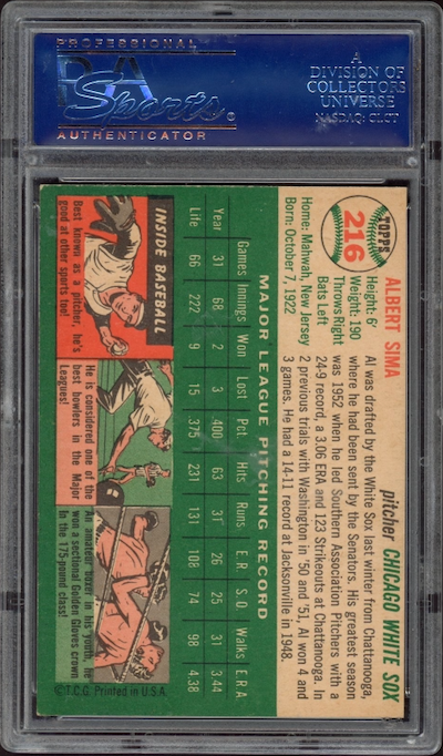 1954 Topps #216 Al Sima PSA 8