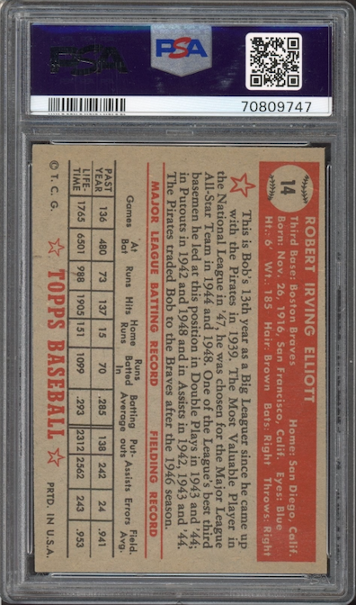 1952 Topps #14 Bob Elliott PSA EX 5