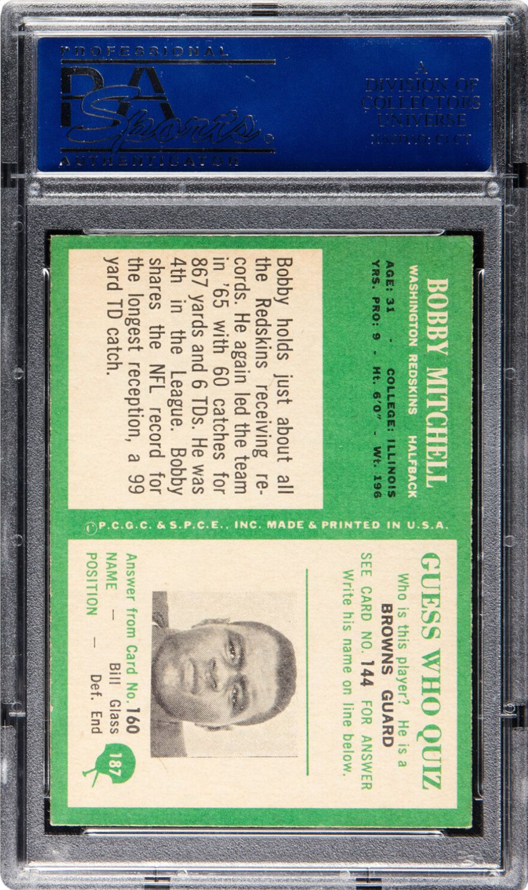 1966 Philadelphia #187 Bobby Mitchell PSA NM-MT 8