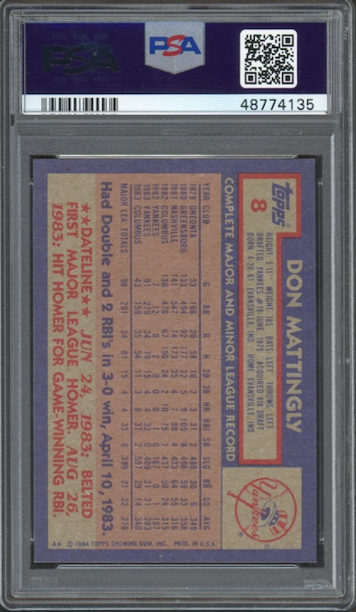 1984 Topps #8 Don Mattingly ROOKIE PSA MINT 9