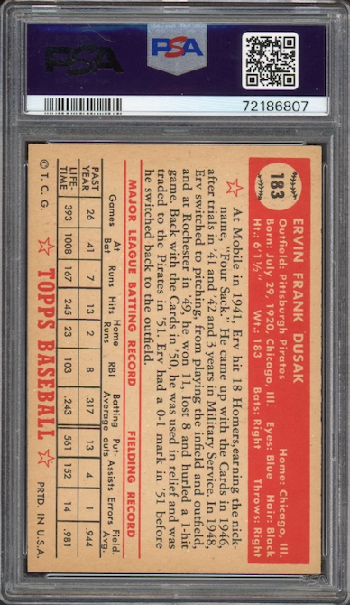 1952 Topps #183 Erv Dusak PSA EX-MT 6