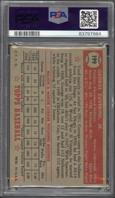 1952 Topps #199 George Zuverink PSA EX-MT 6