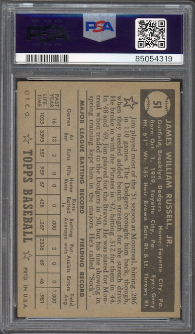 1952 Topps #51 Jim Russell Black Back PSA EX 5