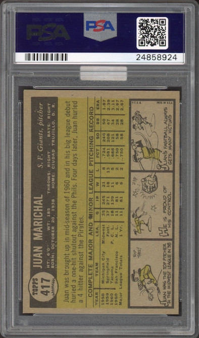 1961 Topps #417 Juan Marichal ROOKIE PSA MINT 9 (MBA Gold)