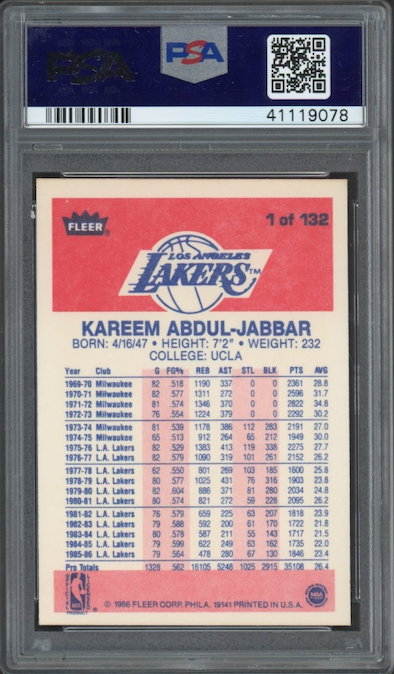 1986 Fleer #1 Kareem Abdul-Jabbar PSA 9
