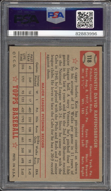 1952 Topps #118 Ken Raffensberger PSA EX-MT 6