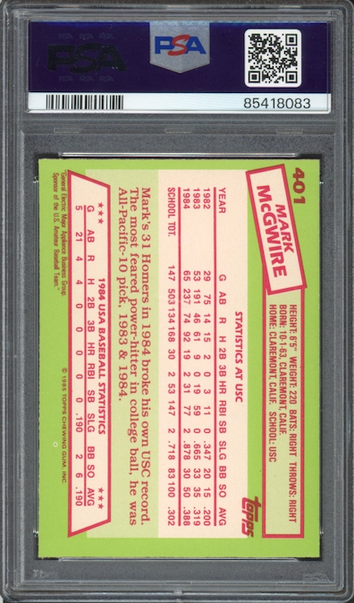 1985 Topps Tiffany #401 Mark McGwire ROOKIE PSA MINT 9