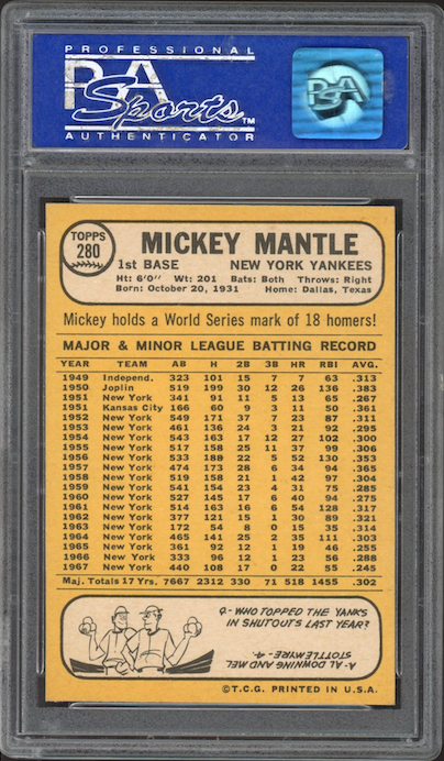 1968 Topps #280 Mickey Mantle PSA NM-MT 8