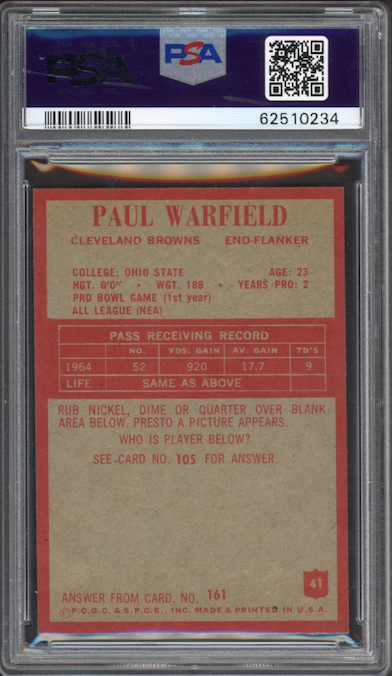 1965 Philadelphia #41 Paul Warfield ROOKIE PSA MINT 9