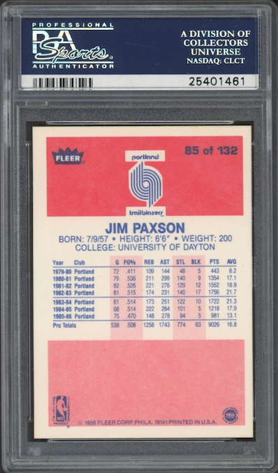 1986 Fleer #85 Jim Paxson PSA 9