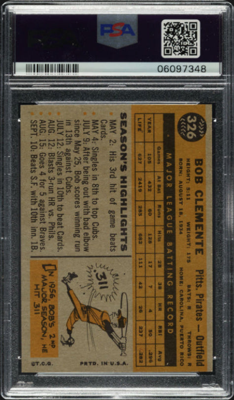1960 Topps #326 Bob (Roberto) Clemente PSA MINT 9