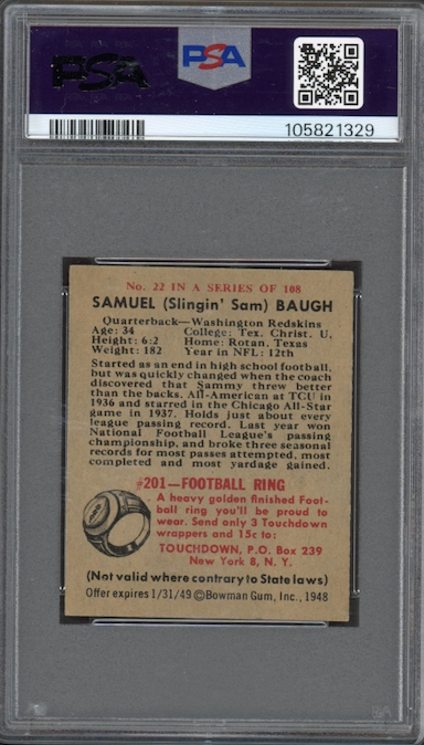 1948 Bowman #22 Sammy Baugh ROOKIE PSA NM 7