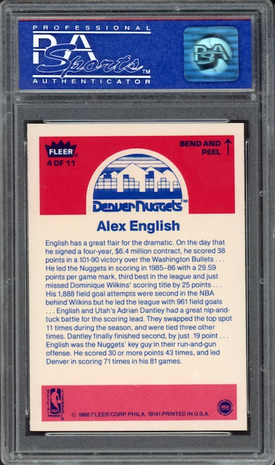 1986 Fleer Sticker #4 Alex English PSA 9