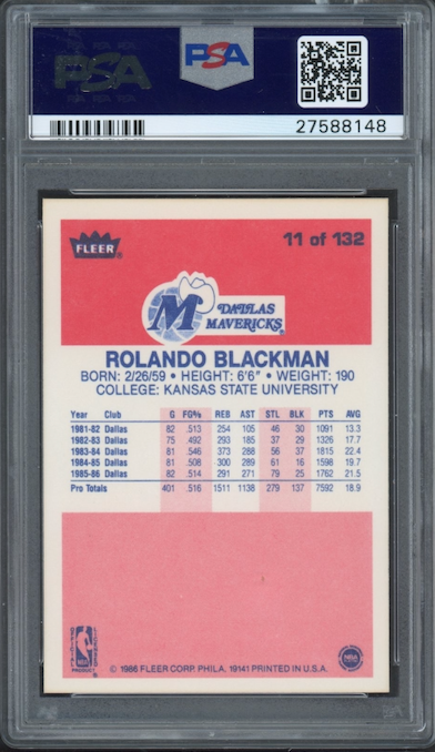 1986 Fleer #11 Rolando Blackman PSA 9